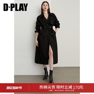 DPLAY2026年春季新款黑色风衣外套女宽松气质翻领插肩袖长款大衣
