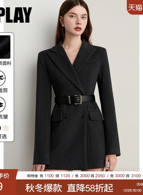 DPLAY2025年秋季新款灰色呢子外套女翻领收腰好看气质通勤西装