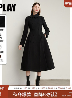 DPLAY2025年冬季新款黑色单毛呢外套女简约高级修身气质大衣女