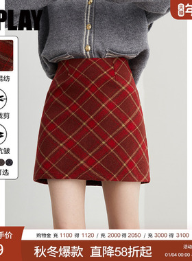 DPLAY【惠品】2025冬季红色半身裙女短款格子裙加厚呢子短裙A字裙