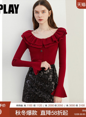 DPLAY2025秋季新款红色毛衣女U领荷叶边新年针织衫修身长袖上衣