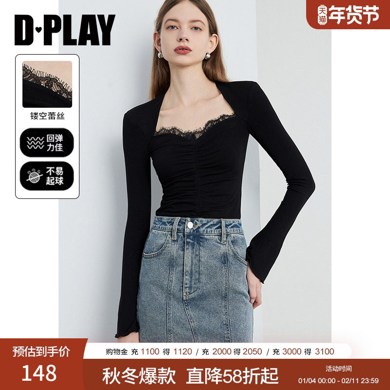 DPLAY2025年秋季气质黑色打底衫方领修身蕾丝打底内搭女上衣t恤,女装/女士精品,T恤,淘宝优惠券,粉丝福利购,淘宝优惠卷