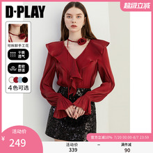 DPLAY2025年秋季新款红色衬衫女时尚气质法式雪纺衫上衣长袖衬衣