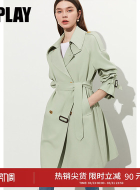 DPLAY2026年春季高级感OL英伦风绿色大码气质风衣通勤风女士外套
