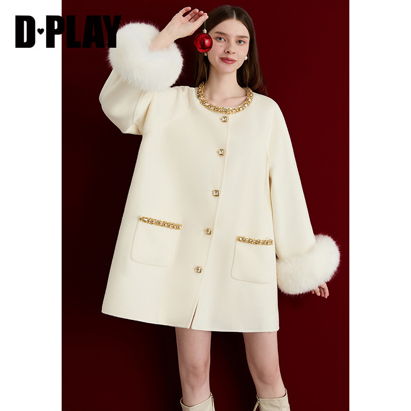 DPLAY【黑标】2025年秋季新款白色呢子大衣女100羊毛双面毛呢外套
