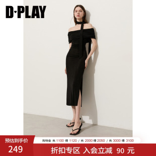 DPLAY经典黑短袖一字肩抽褶细闪针织连衣裙2026夏季新款开衩长裙