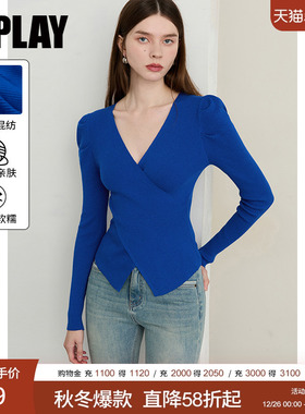 DPLAY2025年秋季新款蓝色针织衫女时尚流行修身打底衫长袖上衣