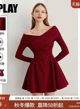 DPLAY【蜜恋衣橱系列】2025秋季新款红色连衣裙女一字领礼服裙子