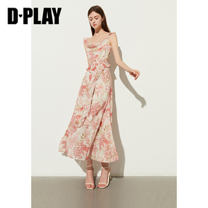 DPLAY夏季度假风粉色荡领无袖雪纺印花裙海边沙滩连衣裙女