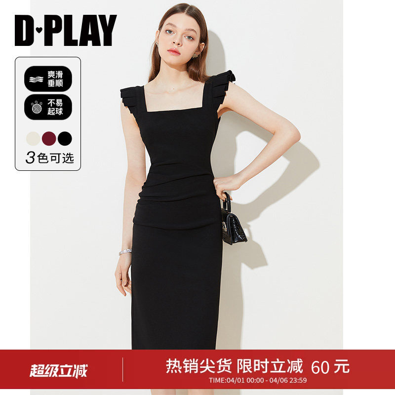 DPLAY夏季新款黑色连衣裙女修身吊带裙长裙赫本小黑裙包臀裙