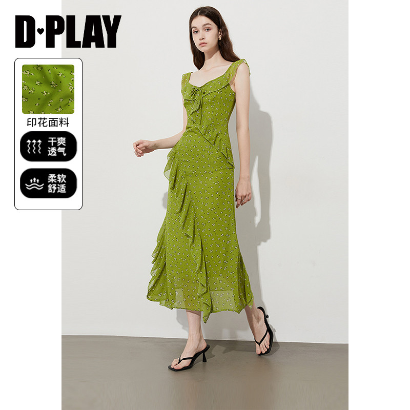 DPLAY夏季新款绿色印花飞飞袖长裙V领荷叶边露背连衣裙女