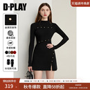 DPLAY2025年冬季 黑色连衣裙女下摆开叉气质毛衣裙针织裙短裙 新款