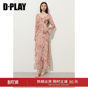 DPLAY粉色印花连衣裙女2026年春季 U领荷叶边时髦气质长裙女 新款