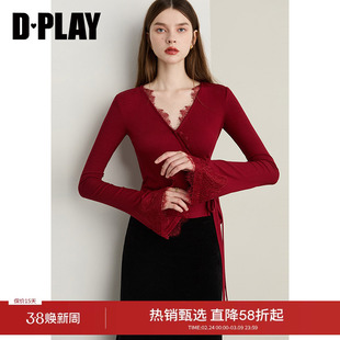 DPLAY秋季新款红色v领蕾丝拼接系带T恤女喇叭袖长袖上衣
