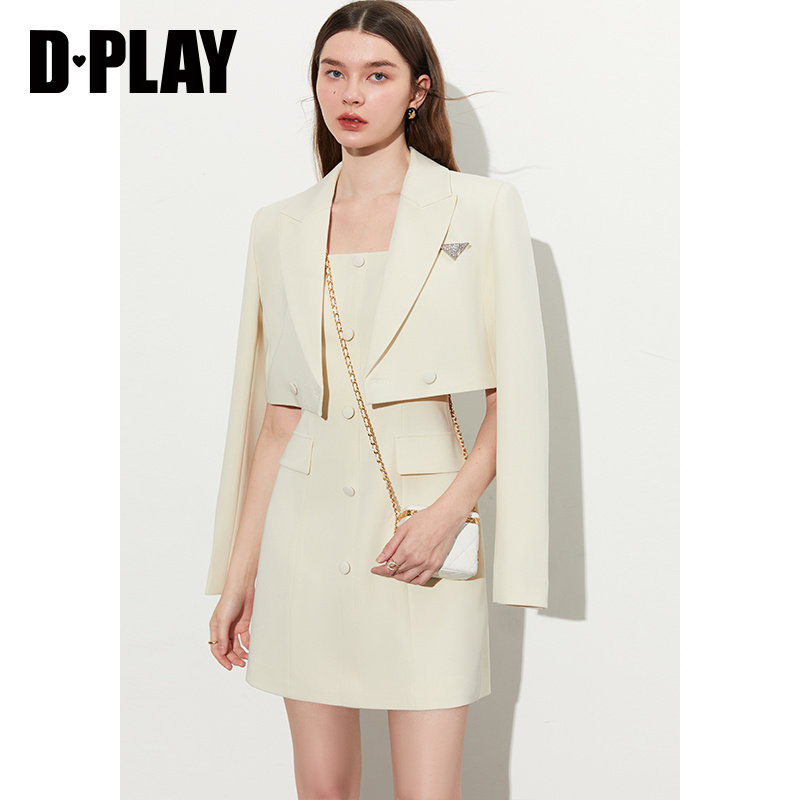 DPLAY秋新通勤OL奶油杏西装套装戗驳领短款西装外套两件套