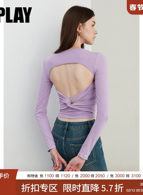 DPLAY【惠品】2025年秋季通勤风紫色圆领露背扭结一体式胸垫t恤