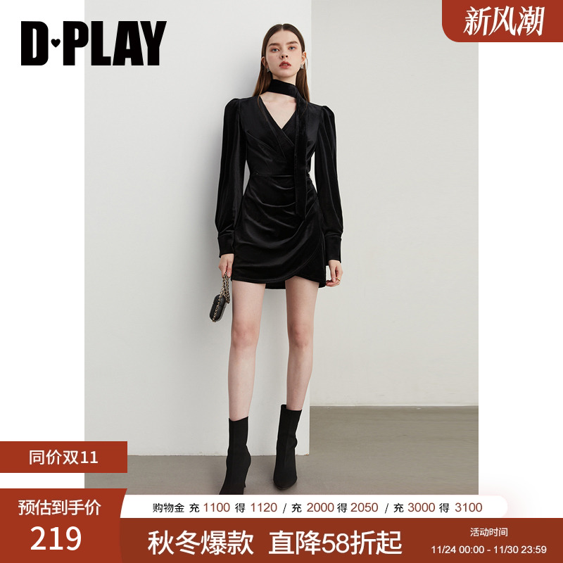 DPLAYV领飘带丝绒连衣裙