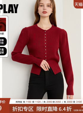 DPLAY秋季法式红色泡泡袖收腰开衩下摆针织套头毛衣开衫外套