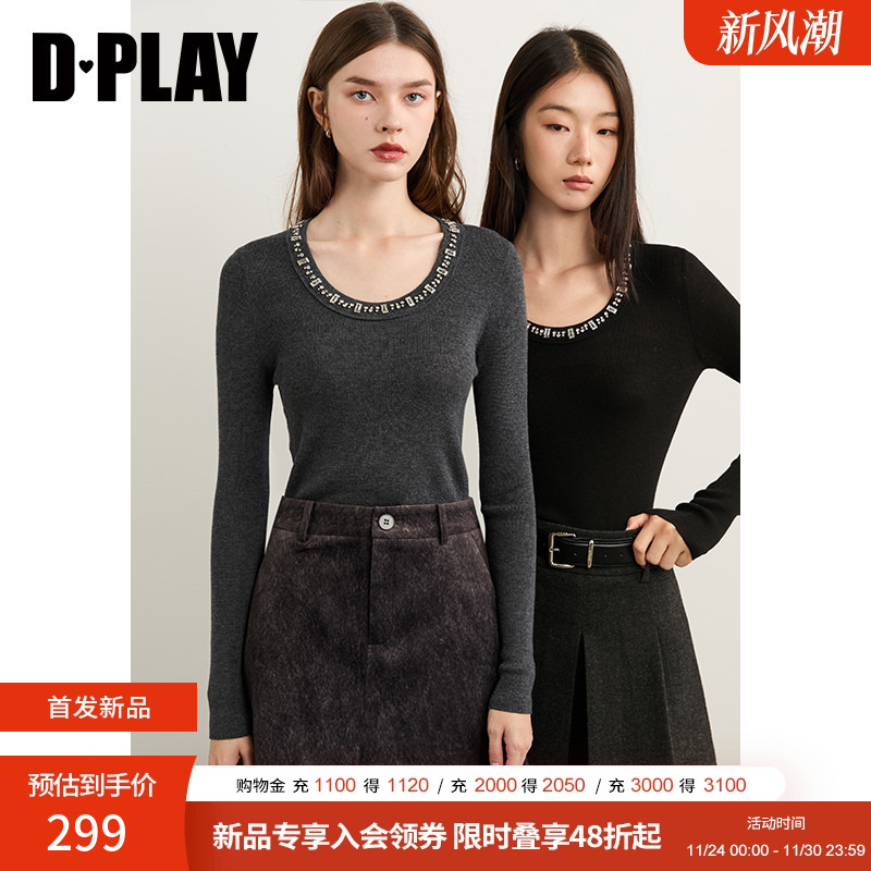 DPLAY2025年冬季新款灰色圆领亮钻针织衫女修身时髦好看打底衫