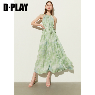 新款 DPLAY夏季 绿色海边度假挂脖系带蝴蝶结大摆长裙连衣裙女