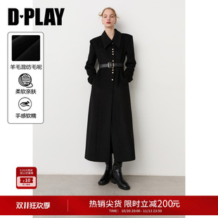 DPLAY黑色翻领羊毛大衣女士高级感通勤长款毛呢外套2026冬季新款