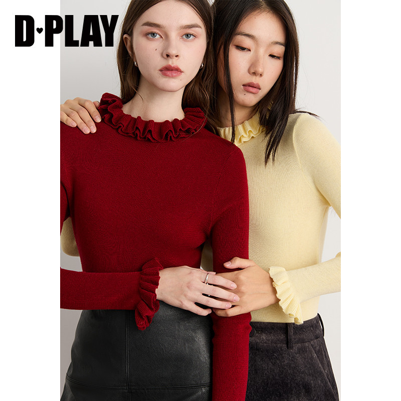DPLAY2025年冬季新款红色针织打底衫女荷叶边修身时尚好看上衣