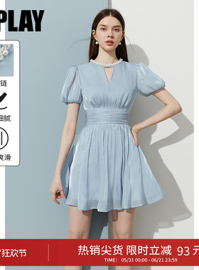 DPLAY蓝色连衣裙短款法式裙子小个子短裙2026年夏季珍珠感收腰裙