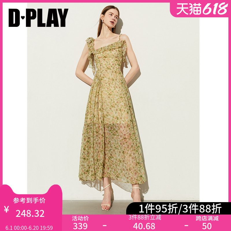 DPLAY2024夏度假荷叶边不对称肩带系带蝴蝶结碎花中长款连衣裙