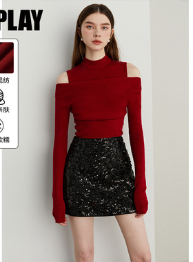DPLAY2025年秋季新款气质红色针织衫内搭洋气独特气质上衣女毛衫