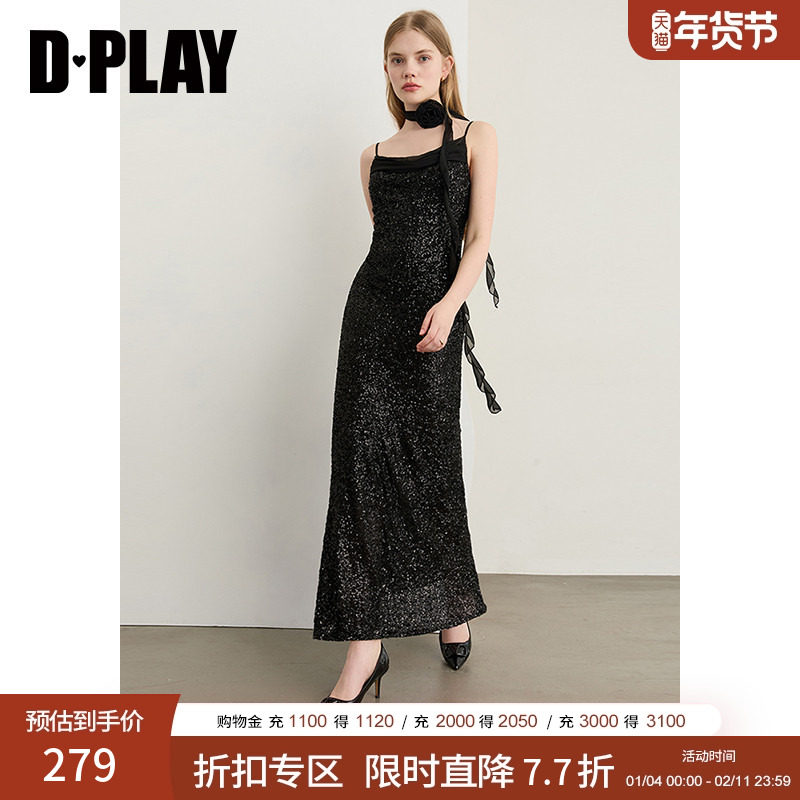 DPLAY2025年秋季新款黑色亮片连衣裙女显瘦系带优雅礼服裙长裙,女装/女士精品,连衣裙,淘宝优惠券,粉丝福利购,淘宝优惠卷