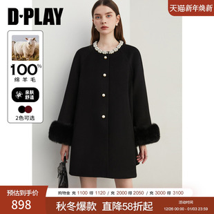 DPLAY冬季 黑色100羊毛大衣狐狸毛好看双面呢子毛呢外套女 新款