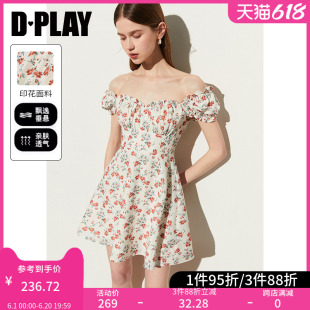 DPLAY2024年夏气质度假方领小泡泡袖 红色印花短袖 连衣裙短裙女