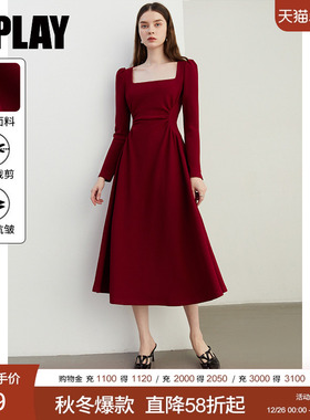 DPLAY2025秋季红色连衣裙女法式方领长袖敬酒订婚礼服裙子长裙