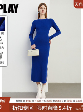 DPLAY2025年秋季新款蓝色连衣裙女圆领优雅气质针织毛衣裙子长裙