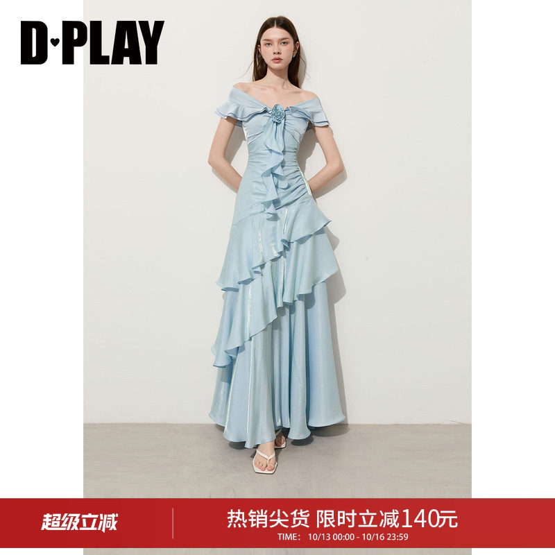 DPLAY【高光缪斯系列】蓝色缎面一字肩长裙连衣裙2026夏季新款