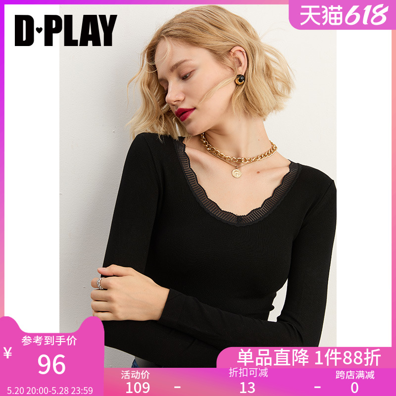 DPLAY【惠品】秋装新复古V领蕾丝边细针织衫亲肤柔滑时尚打底衫 女装/女士精品 毛针织衫 原图主图