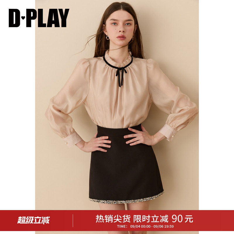 DPLAY香槟粉衬衫女撞色合体蝴蝶结烫钻蕾丝雪纺衫上衣2026年秋季