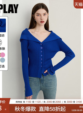 DPLAY2025年秋季新款蓝色针织衫女修身气质贝壳扣羊毛长袖上衣