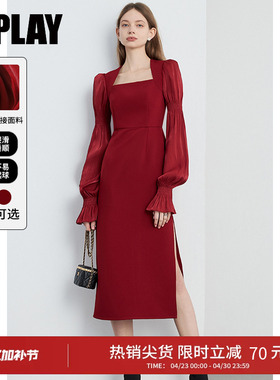 DPLAY红色连衣裙女士新收腰长袖流光纱新娘订婚礼服裙回门服