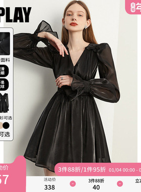 DPLAY2025秋季法式时尚连衣裙气质黑色连衣裙鎏光纱短裙礼服女