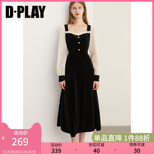 赫本风黑拼杏宫廷领撞色丝绒连衣裙轻礼服小黑裙 DPLAY新法式