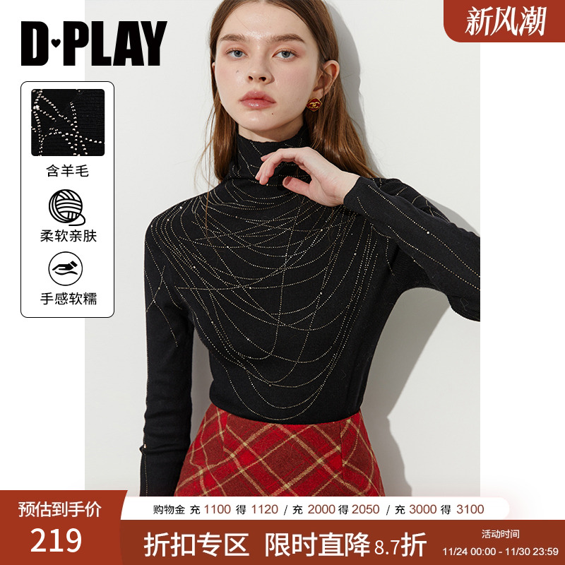DPLAY高领重工烫钻织打底衫