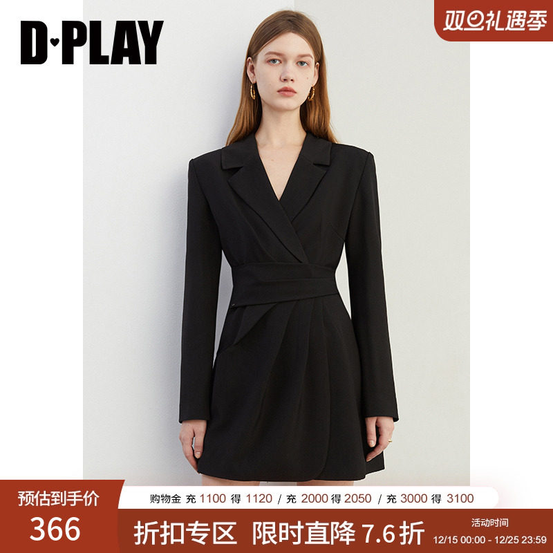 DPLAY通勤A型翻驳领长袖连衣裙