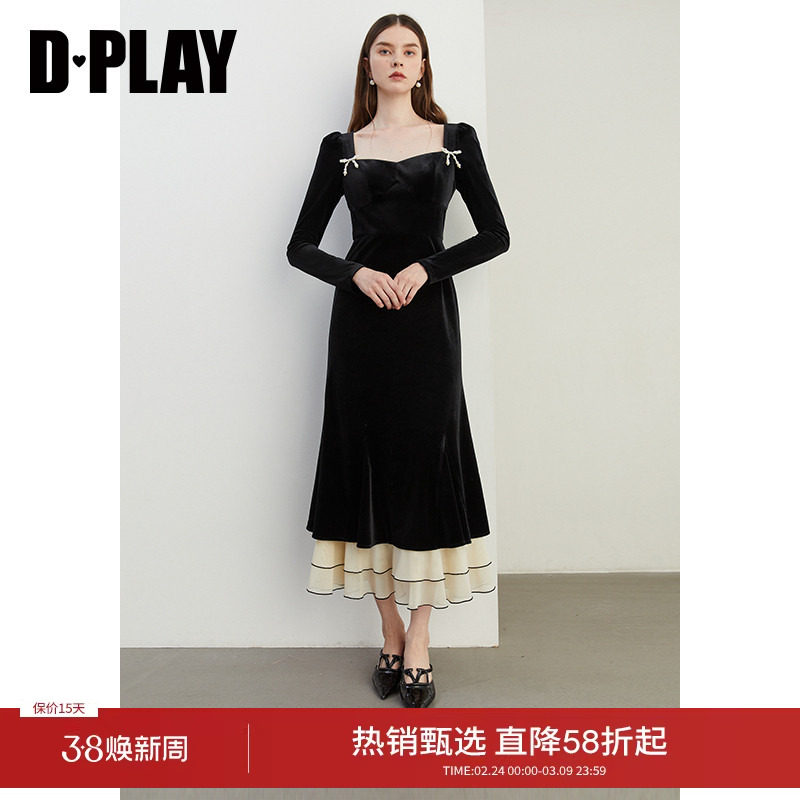 DPLAY秋季丝绒连衣裙法式黑色连衣裙鱼尾长裙礼服裙小黑裙女 - dplay旗舰店出品