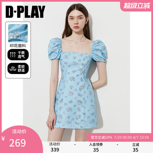 度假系列 新款 DPLAY 2025年夏季 方领裙子 蓝色连衣裙女短款 法式