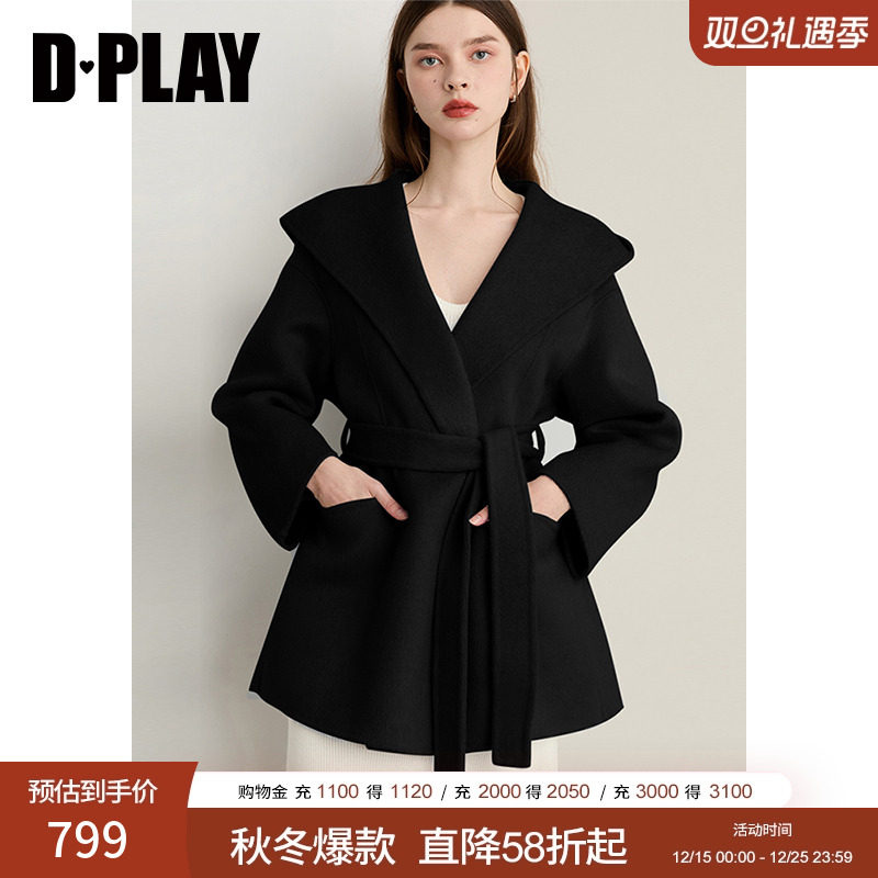 DPLAY2025年冬季新款黑色100羊毛毛呢外套短款双面呢子大衣女