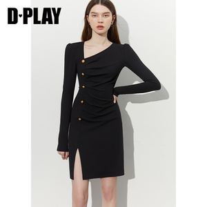 DPLAY秋装新中式裙子气质法式包臀裙黑色国风小黑裙连衣裙