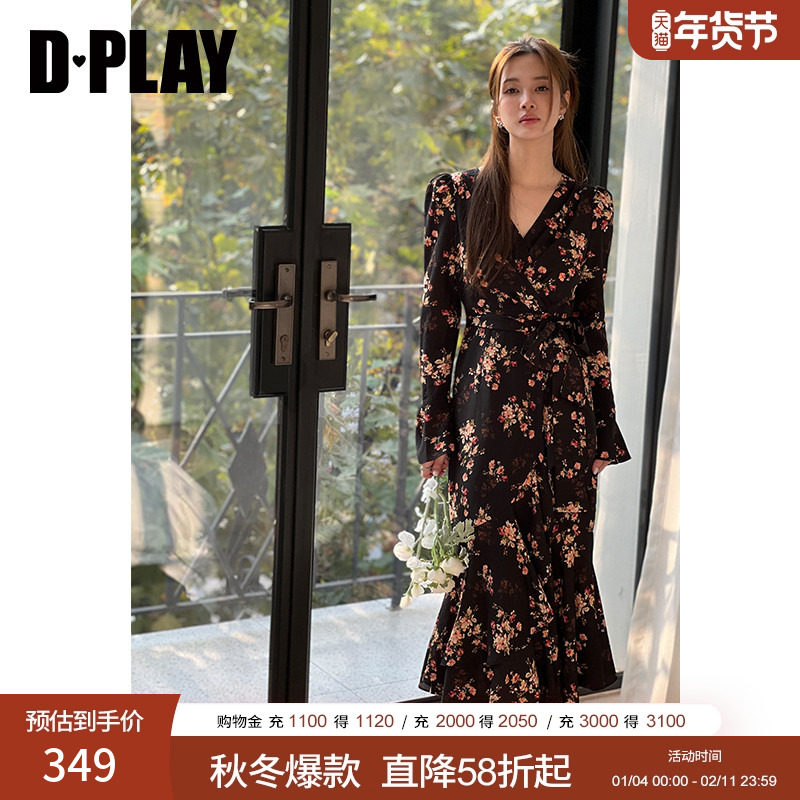 DPLAY2025秋季法式茶歇裙碎花连衣裙V领长袖连衣裙印花裙鱼尾长裙,女装/女士精品,连衣裙,淘宝优惠券,粉丝福利购,淘宝优惠卷