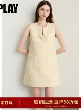 DPLAY2026年春季新款黄色连衣裙女羊毛小香风优雅粗花呢短款裙子