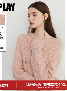 DPLAY马海毛羊毛混纺粉色针织衫宽松百搭圆领毛衣女装上衣女